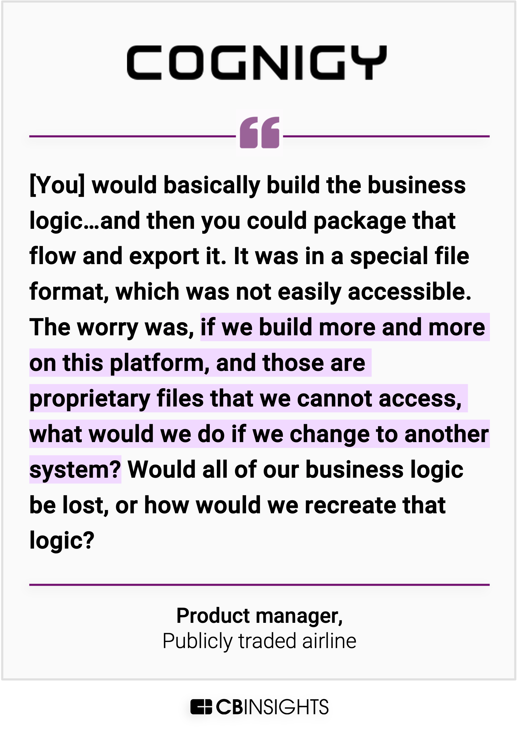 A quote card for Cognigy featuring a testimonial from a product manager at a publicly traded airline discussing concerns about proprietary file formats in their platform, expressing worry about potential business logic loss when changing systems and questioning how they would recreate that logic.