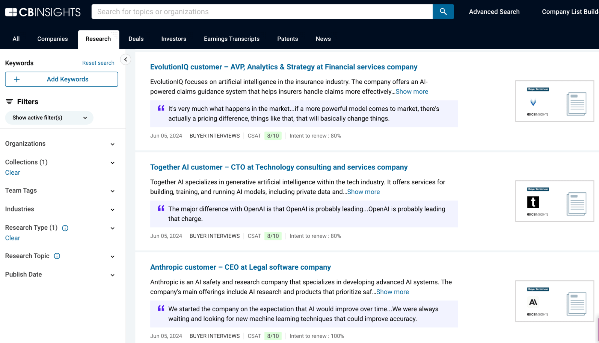 CB Insights transcript library. Image showcases transcripts from customers of EvolutionIQ, Together AI, and Anthropic